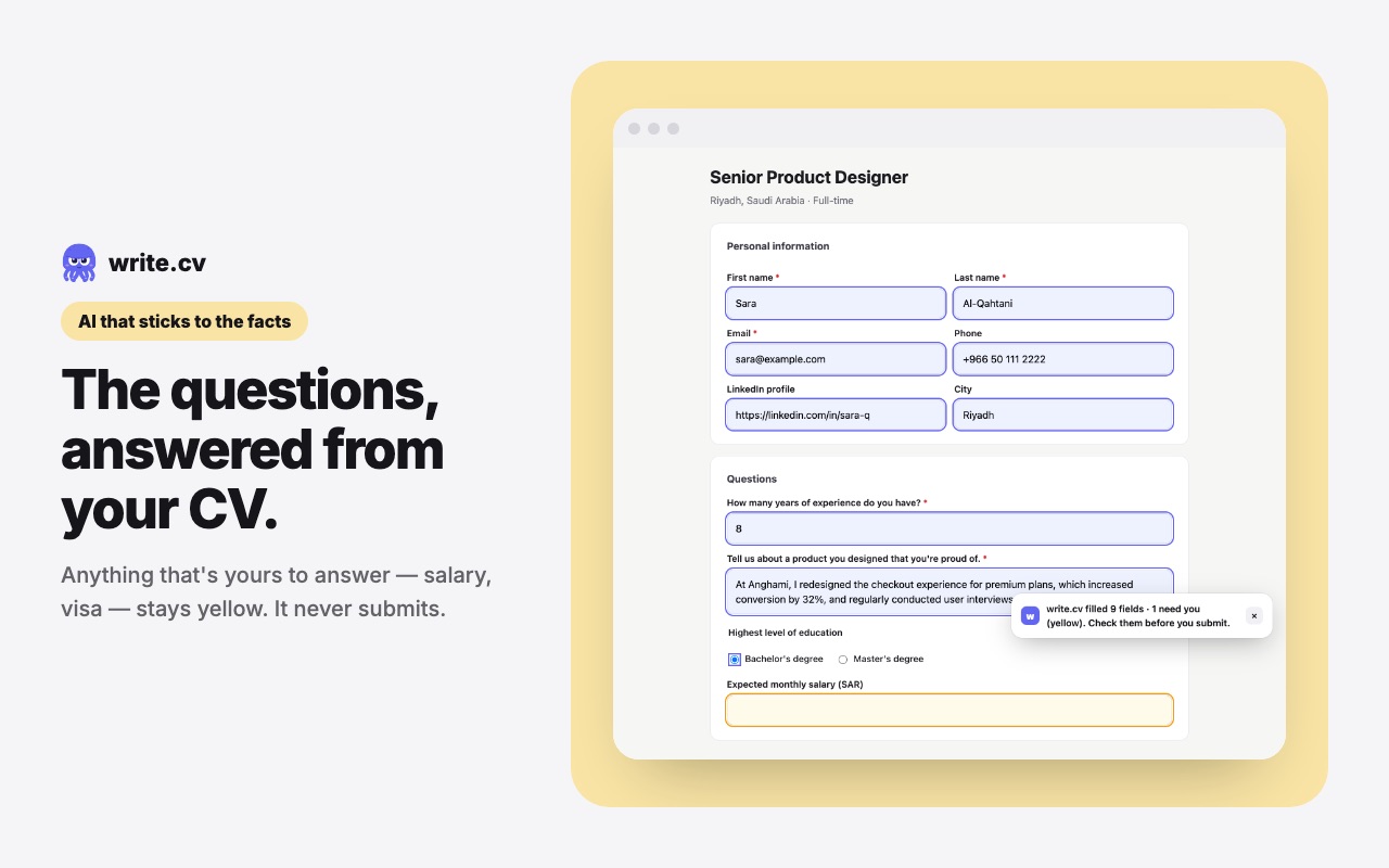 The questions answered from the CV, with the salary field left yellow for the candidate