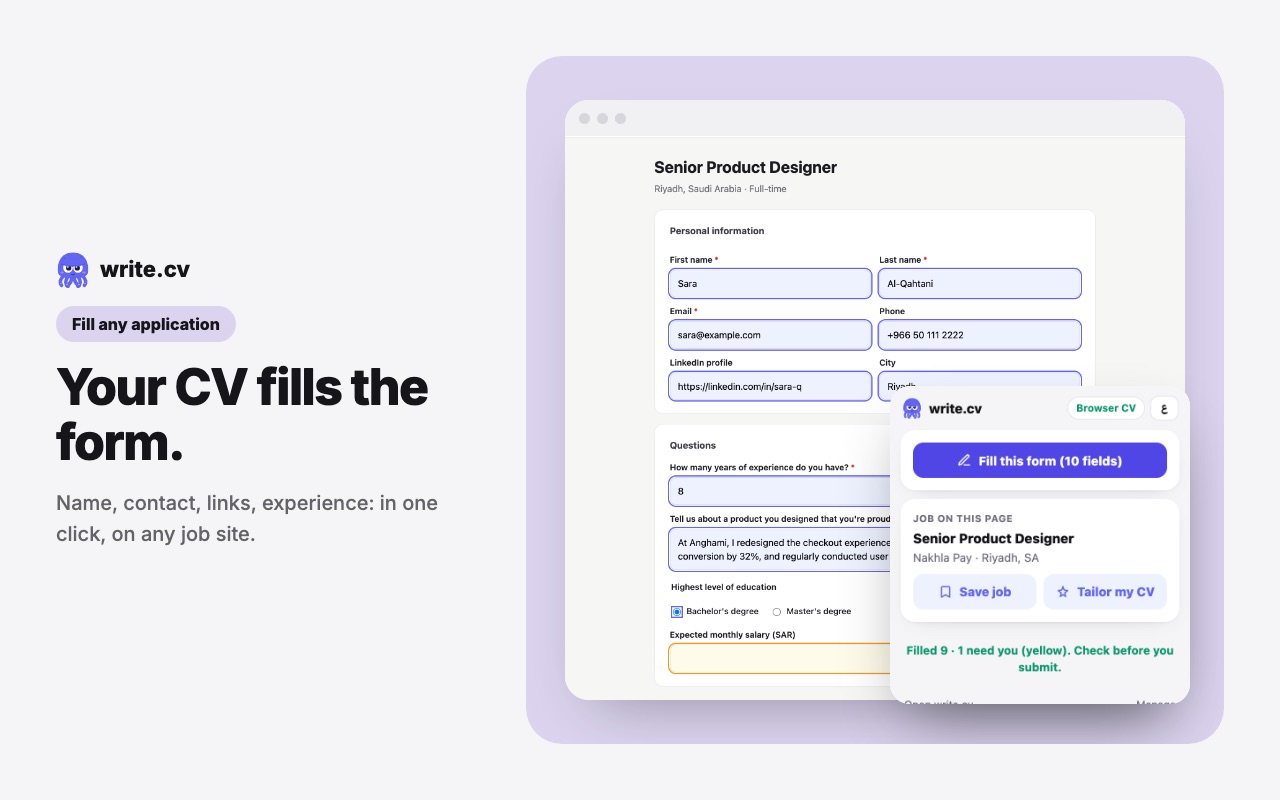 write.cv Autofill: a job application form filled from the CV, with the extension popup open