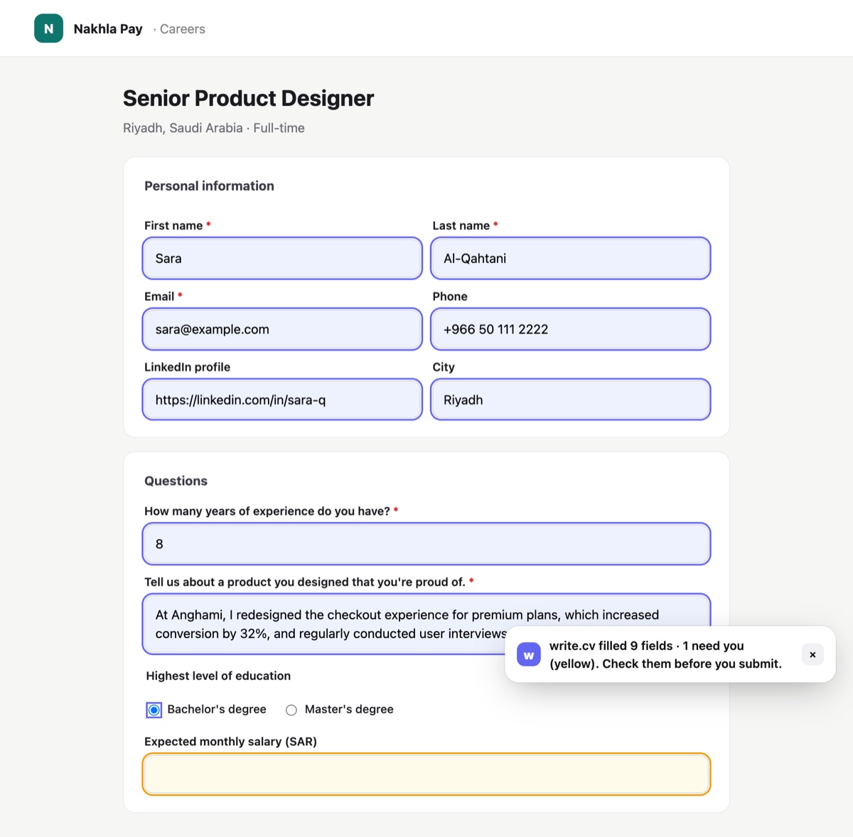 An application form after Autofill: name, contact, years of experience and a written answer filled in indigo, the salary field left yellow