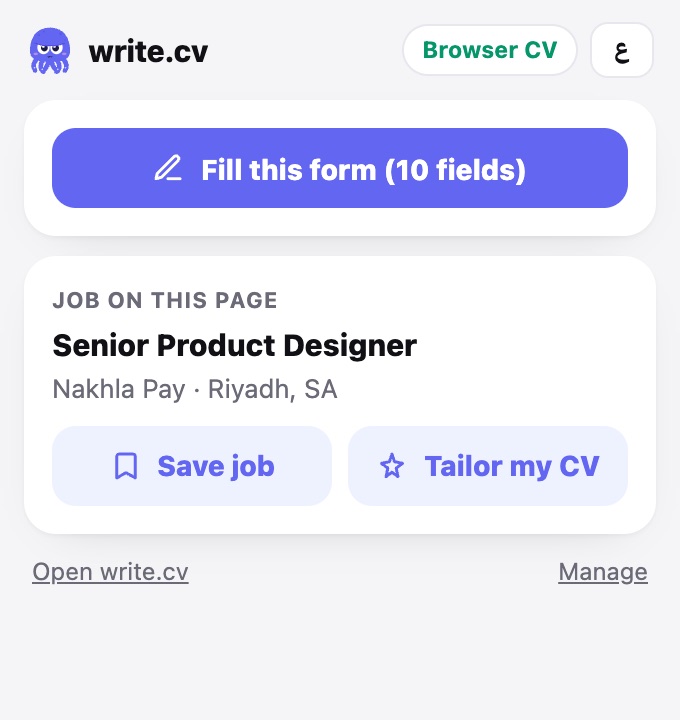 The Autofill popup on a job posting, showing the role and company with Save job and Tailor my CV buttons